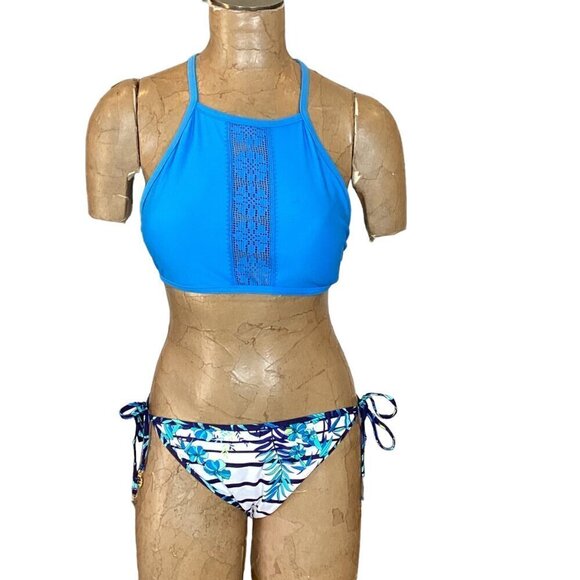 Aerie High Neck Halter Top L & Reversible String Bikini Bottom Blue White 291C - Picture 6 of 13